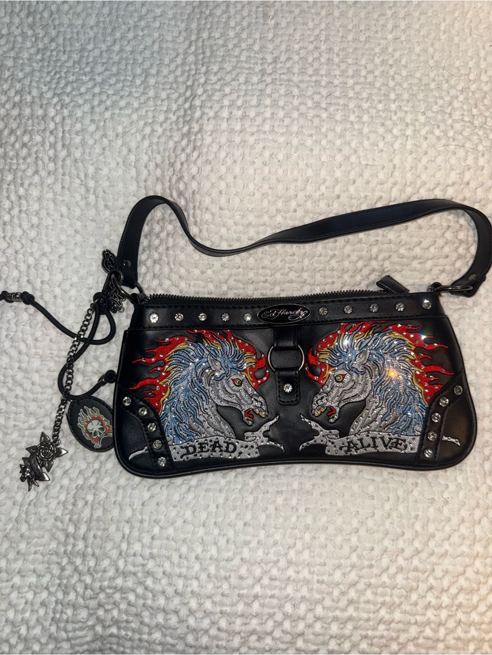Ed Hardy Black 'Dead/Alive' Horse Embroidered Shoulder Bag